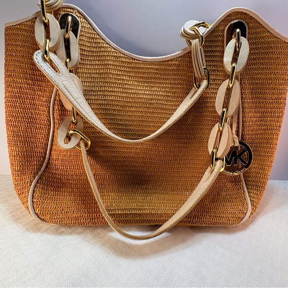 Michael Kors Tan Woven / leather Shoulder Bag with Gold Accents - Picture 7 of 15